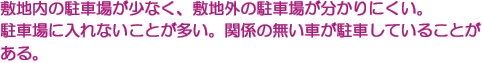 敷地内の駐車場が少なく、敷地外の駐車場が分かりにくい。　駐車場に入れないことが多い。関係の無い車が駐車していることがある。
