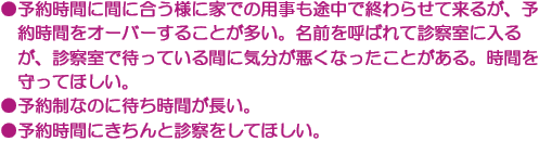 ●予約時間に間に合う様に家での用事も途中で終わらせて来るが、予約時間をオーバーすることが多い。名前を呼ばれて診察室に入るが、診察室で待っている間に気分が悪くなったことがある。時間を守ってほしい。　●予約制なのに待ち時間が長い。　●予約時間にきちんと診察をしてほしい。