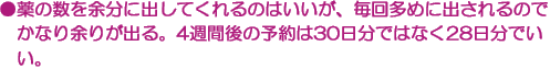 ●薬の数を余分に出してくれるのはいいが、毎回多めに出されるのでかなり余りが出る。4週間後の予約は30日分ではなく28日分でいい。